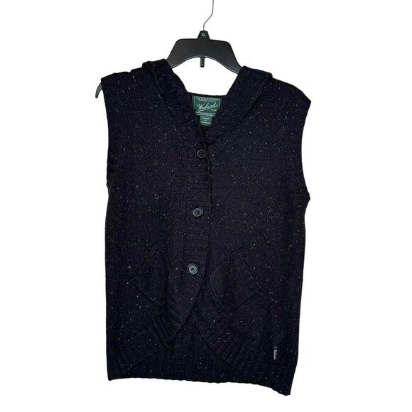 Woolrich Women's Sweater Hooded Speckled Vest Button Round Hem‎ Black Sz. Medium - Picture 1 of 9